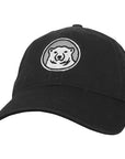 Relaxed twill baseball hat with embroidered Bowdoin polar bear mascot medallion in black.