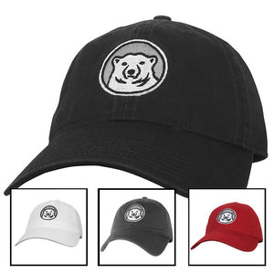 Picture of 4 different hats with Bowdoin polar bear medallion: black, white, gray, and red.