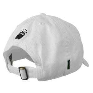 Back view of white ball cap showing brass buckle on self-closure and black embroidered paw print over opening.