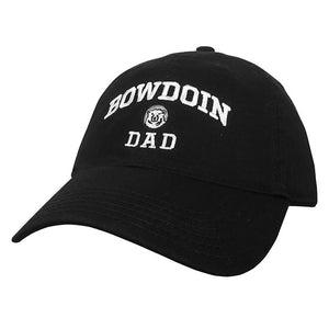 Black baseball cap with embroidered BOWDOIN arched over mascot medallion over DAD