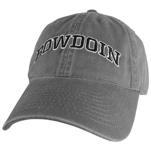 Dark gray baseball cap with embroidered arched BOWDOIN in black with a white stroke outline.