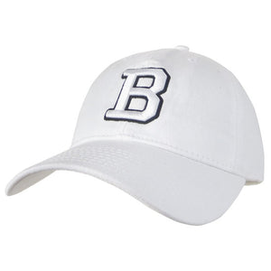 White baseball hat with white embroidered B with a black embroidered stroke outline.
