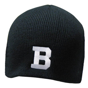 Black knit beanie with white embroidered Bowdoin B patch.