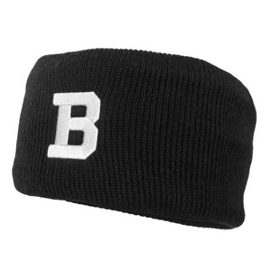 Knit black headband with white embroidered B patch.