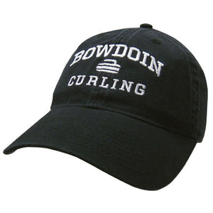 Black twill baseball cap with white embroidery of BOWDOIN arched over a curling stone over the word CURLING.