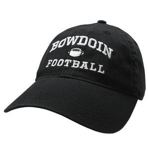 Black twill baseball cap with white embroidery of BOWDOIN arched over a football over the word FOOTBALL.