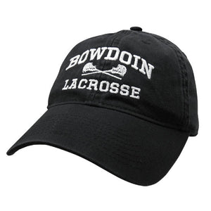 Black twill baseball cap with white embroidery of BOWDOIN arched over crossed lacrosse sticks over the word LACROSSE.