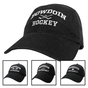 Montage of 4 different Bowdoin sports baseball caps: hockey, lacrosse, field hockey, and football.