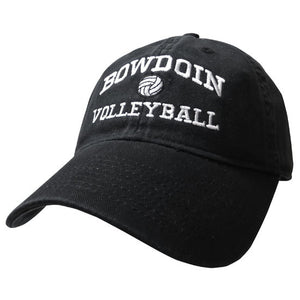 Black twill baseball cap with white embroidery of BOWDOIN arched over a volleyball over the word VOLLEYBALL.