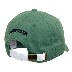 Back of green baseball cap showing white closure with metal clasp and black BOWDOIN embroidery on back.