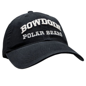 Black ball cap with embroidered arched BOWDOIN over POLAR BEARS in white.