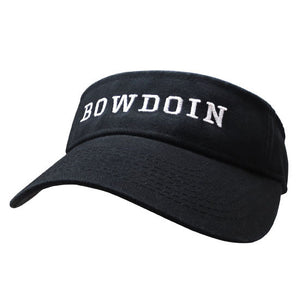 Black twill tennis visor with white BOWDOIN embroidery across band.