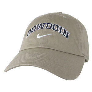 Khaki baseball cap with arched BOWDOIN embroidery in black with white outline over white Nike Swoosh.