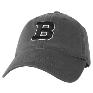 Gray twill ball cap with embroidered B in black with white outline.