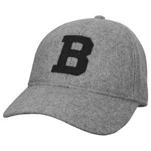 Heather grey wool baseball hat with black B on the front.