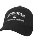 Black ball cap with white embroidery of BOWDOIN arched over a paw over AFRICANA STUDIES