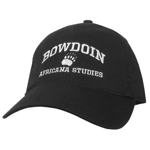 Black ball cap with white embroidery of BOWDOIN arched over a paw over AFRICANA STUDIES