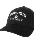 Black ball cap with white embroidery of BOWDOIN arched over a paw over BIOLOGY