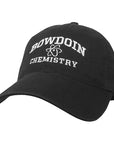 Black ball cap with white embroidery of BOWDOIN arched over an atom over CHEMISTRY
