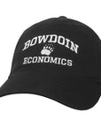Black ball cap with white embroidery of BOWDOIN arched over a paw over ECONOMICS