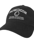 Black ball cap with white embroidery of BOWDOIN arched over a circle of fish and DNA over ECOLOGY, EVOLUTION, AND MARINE BIOLOGY