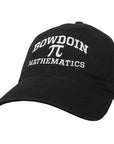 Black ball cap with white embroidery of BOWDOIN arched over pi over MATHEMATICS