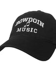 Black ball cap with white embroidery of BOWDOIN arched over a musical note over MUSIC