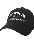 Black ball cap with white embroidery of BOWDOIN arched over a neuron over NEUROSCIENCE