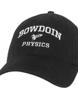 Black ball cap with white embroidery of BOWDOIN arched over a rocketship over PHYSICS