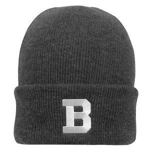 Charcoal grey knit hat with embroidered white B on cuff.