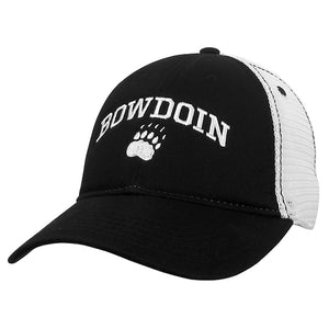 Black trucker hat with white mesh back and white BOWDOIN arched over paw embroidery