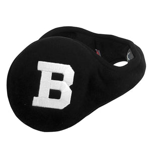 Black fleece behind-the-head ear warmers with large white B patches on ear part.