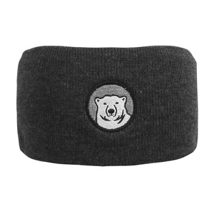Charcoal gray knit headband with embroidered Bowdoin polar bear mascot medallion. 