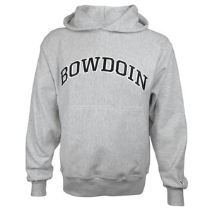 Silver-gray heathered pullover hooded sweatshirt with front pouch pocket and arched BOWDOIN stitching on the chest in black outlined with white. There is a small Champion C logo in red, white, and blue just above the cuff on the left sleeve.