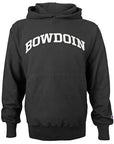 Black pullover hooded sweatshirt with a drawstring hood and front pouch pocket. The word BOWDOIN is embroidered on the chest in ivory felt, and there is a small Champion C logo patch in red, white, and blue embroidered on the left sleeve just over the cuff.