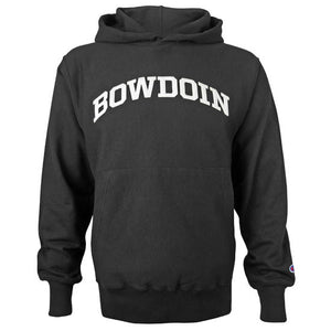 Black pullover hooded sweatshirt with a drawstring hood and front pouch pocket. The word BOWDOIN is embroidered on the chest in ivory felt, and there is a small Champion C logo patch in red, white, and blue embroidered on the left sleeve just over the cuff.
