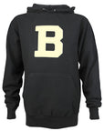 Black pullover hooded sweatshirt with front pouch pocket and ivory felt B applique.