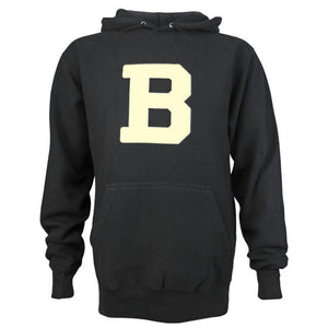 Black pullover hooded sweatshirt with front pouch pocket and ivory felt B applique.