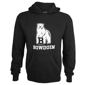 Black pullover hooded sweatshirt with white chest imprint of polar bear mascot over BOWDOIN.
