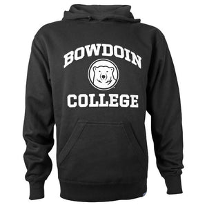 Black hooded pullover sweatshirt with front pouch pocket and white chest imprint of BOWDOIN arched over the polar bear head medallion over the word COLLEGE.
