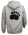 Back view of an Oxford heather gray hooded sweatshirt showing a large black polar bear paw print imprinted on the back.