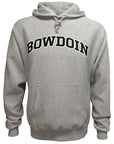 Oxford heather gray pullover hooded sweatshirt with drawstring hood and front pouch pocket. BOWDOIN is imprinted on the chest in black with a white stroke outline.