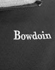 Closeup detail showing quality of white BOWDOIN embroidery on back jacket.