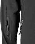 Closeup showing zippered pocket on right sleeve of soft shell jacket.