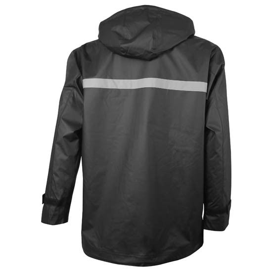 Back view of black raincoat showing gray stripe across upper back.
