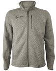 Men's full zip heathered sweater fleece jacket with zippered pocket on left chest and BOWDOIN embroidery in black on right chest.