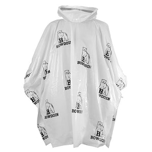 White plastic poncho with all-over imprint of Bowdoin polar bear mascot over the word BOWDOIN.