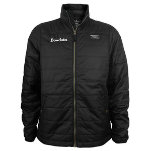 Black puffer jacket with zipper and snap button side pockets. White Bowdoin embroidery on right chest, black and white L.L.Bean patch on left chest.