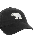 Black baseball hat with white felt polar bear applique.