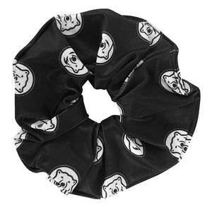 Black Bowdoin scrunchie decorated with all-over print of polar bear medallions.